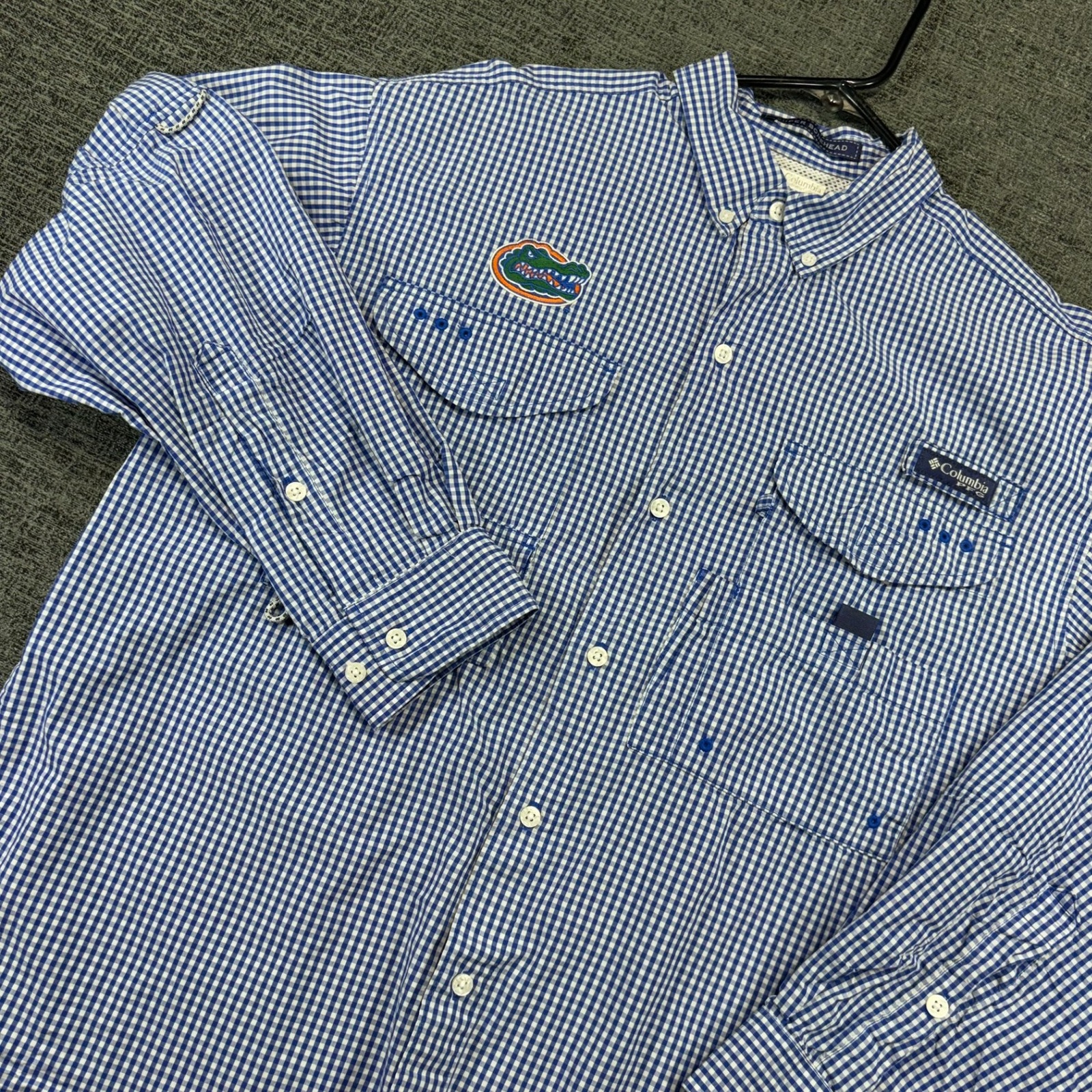 Columbia Pfg Shirt Mens Medium Blue Gingham Florida Gators Super Bonehead L/S